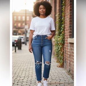 TORRID 5 BUTTON DOWN DISTRESSED JEAN SZ 24R DARK PRE-WASHED COLOR HIGH RISE